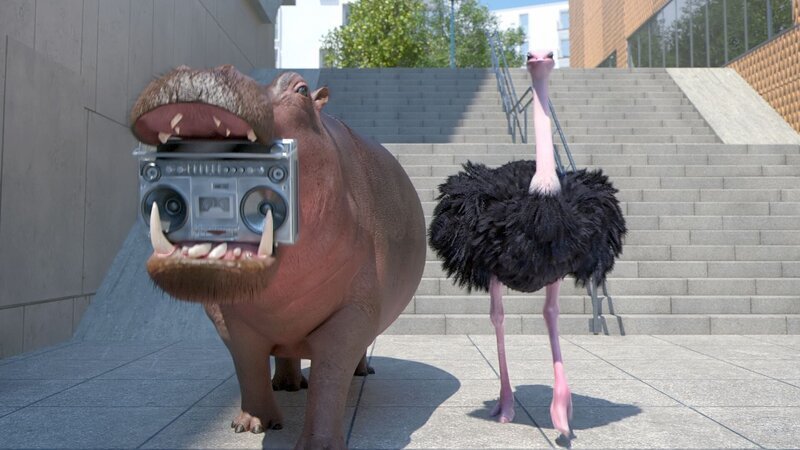 Ohne Musik geht es nicht! Das Nilpferd und der Strauß bringen das notwendige Equipment … – Bild: Cube Creative Productions