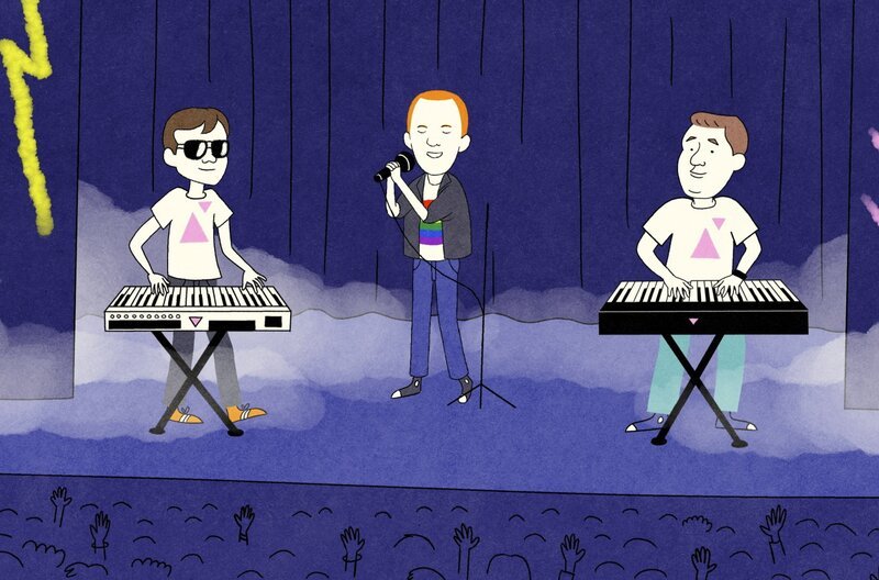 Somerville lernt in einem Londoner Club die „Tastenfreaks“ Larry Steinbachek und Steve Bronski kennen und gründet mit ihnen die Band Bronski Beat. – Bild: ARTE France/​La Générale de Production/​Radio France  Foliascope/​XBO Films/​Auvergne-Rhone-Alpes Cinéma