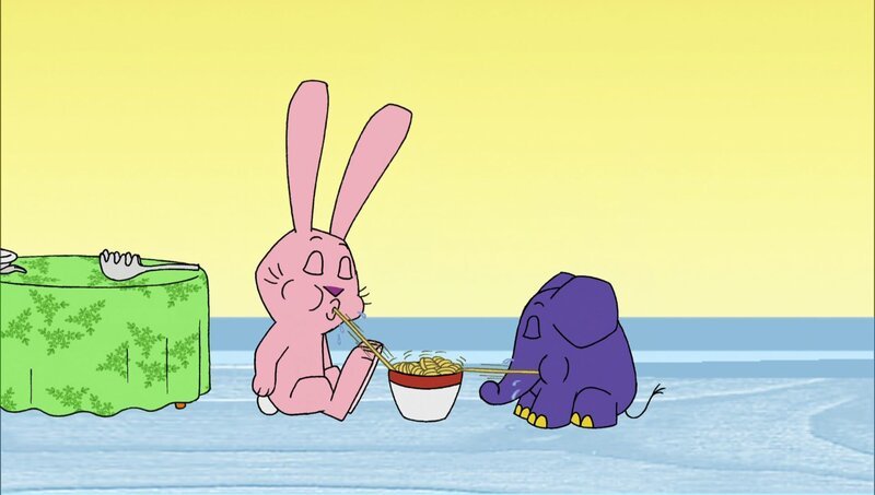 Hase und Elefant lassen sich die Spaghetti richtig gut schmecken. – Bild: WDR/​Die Sendung mit dem Elefanten