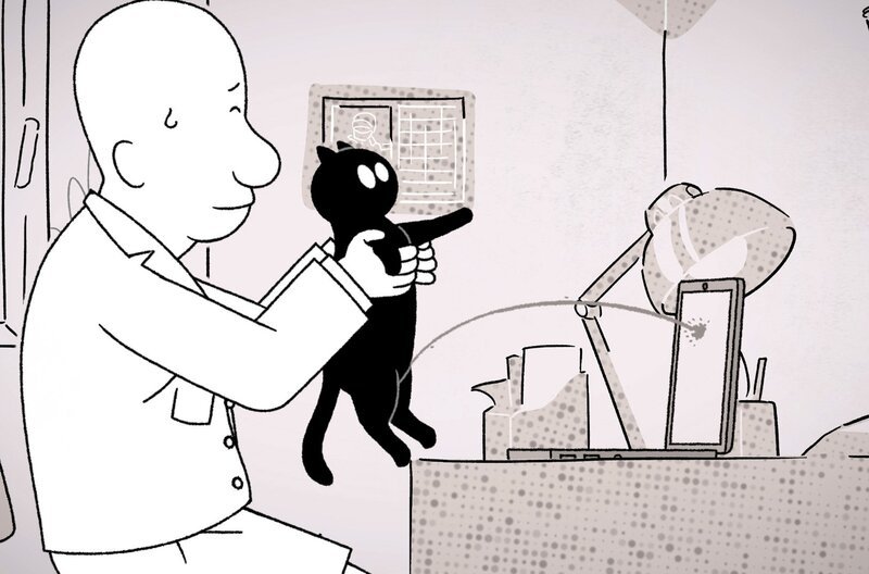 Das Nickerchen am Nachmittag ist jeder Katze heilig. Stéphane hat einen Videocall und Moustique fühlt sich in ihrer Ruhe gestört. – Bild: Autour de Minuit Productions