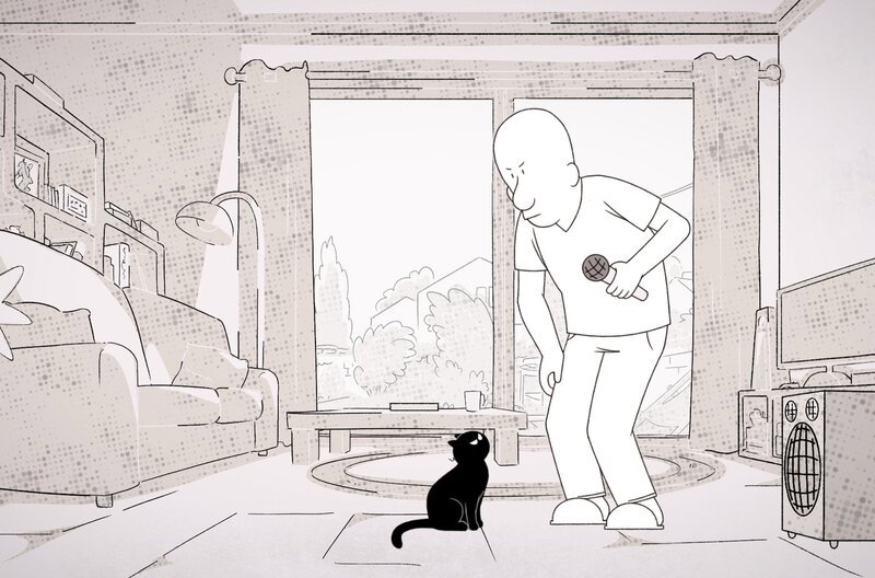 Stéphane übt zu Hause Karaoke. Moustique kann seine hysterischen Schreie nicht ertragen. – Bild: ARTE F /​ Autour de Minuit Productions /​ Autour de Minuit Productions