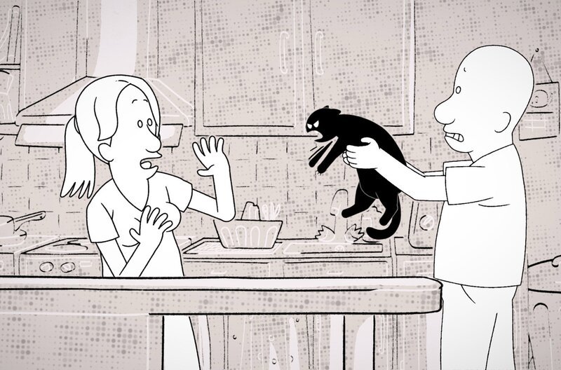 Stéphane stellt Moustique seine Freundin Charlène vor, in der Annahme, dass die beiden sich hervorragend verstehen werden. Leider hasst sie Katzen. – Bild: ARTE F /​ Autour de Minuit Productions