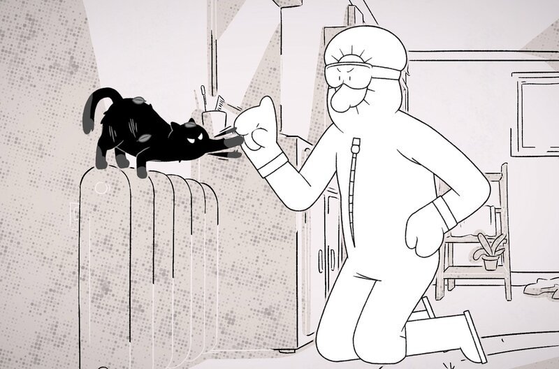Nach einem seiner nächtlichen Streifzüge kriecht Moustique dreckig in Stéphanes Bett. Stéphane zieht sich Schutzkleidung über, um seine Katze zu waschen. – Bild: ARTE F /​ Autour de Minuit Productions