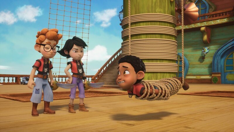 Bei seinem Versuch, dem Papagei Greif das Bild seiner Mutter abzujagen, hat sich Finn in eine peinliche Lage manövriert. – Bild: Method Animation – Mediawan kids & family