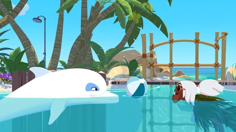 Seit sein Zepter zerbrochen ist, hält sich Ramana (r.) für einen Delfin. Deshalb spielt er auch zusammen mit Zoom (l.) im Wasser mit einem Ball. – Bild: ZDF und Media Valley/​Marzipan Films