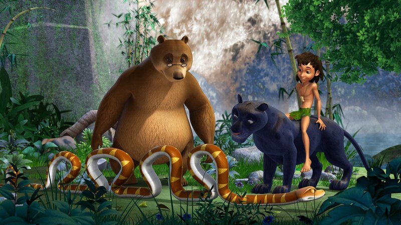 Alle (Balu, Baghira, Mogli und Kaa, v.li.n.re.) freuen sich, dass Balu (1.v.li.) wieder frei ist. – Bild: ZDF/​DQ Entertainment