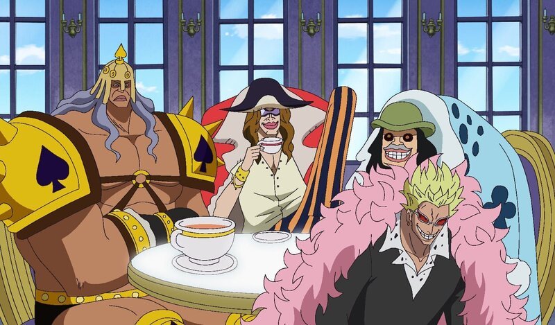 (v.l.n.r.) Pica; Diamante; Trébol; De Flamingo – Bild: Eiichiro Oda/​Shueisha, Toei Animation