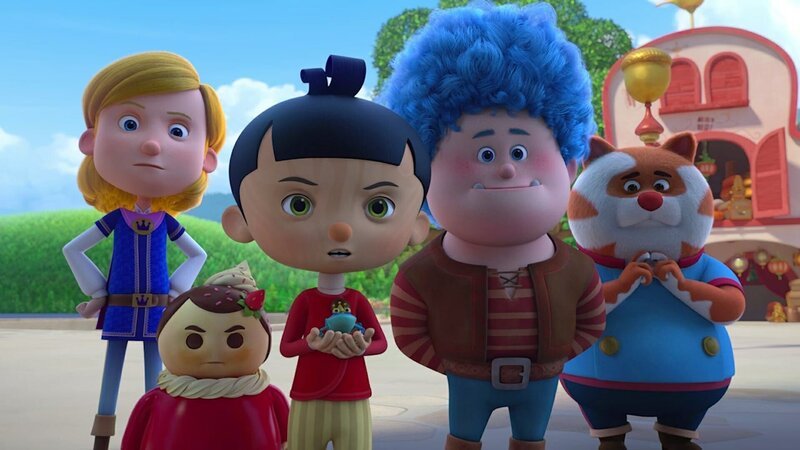 Pinocchio (Mitte) sucht dringend einen Prinzessin für seinen kleinen Froschprinzen. Wer küsst ihn? Seine Freunde Prinz (li.), Törtchen (2.v.li), Korat (re.) und Luzio (2.v.re.) sind gespannt. – Bild: ZDF/​2021 Method Animation/​Palomar/​ZDF Enterprises