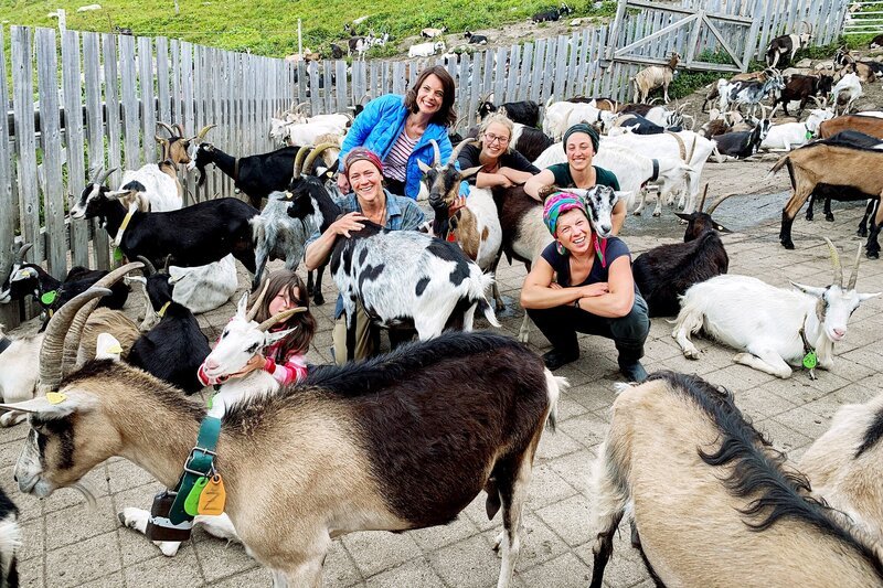 Auf der Geissalp Puzzetta arbeiten nur Frauen: Tabea, Mona, Paula, Sara, Felicitas und das Mädchen Aliyah – Bild: SRF