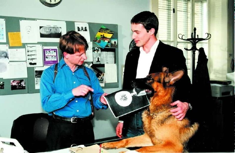 Böck (Heinz Weixelbraun, l.) will sich unbedingt vor seiner Mutter mit der Auszeichnung vom Polizeipräsidenten brüsten und borgt sich von Rex die Medaille. Kommissar Brandtner (Gedeon Burkhard, r.) amüsiert sich über die beiden. – Bild: France 3