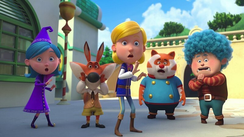 Betulla (li.), Volpek (2.v.li.), Prinz (Mitte), Korat (2.v.re.) und Luzio (re.), alle haben Angst vor dem Wolf. – Bild: ZDF/​2021 Method Animation/​Palomar/​ZDF Enterprises