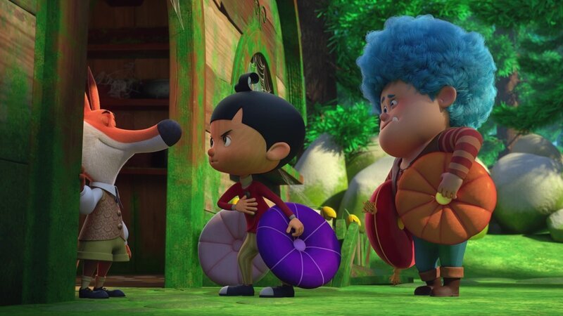 Volpek (l.) hat Pinocchios (M.) geheime Waldhütte entdeckt. Er beansprucht sie nun für sich. – Bild: ZDF und Method Animation – Palomar