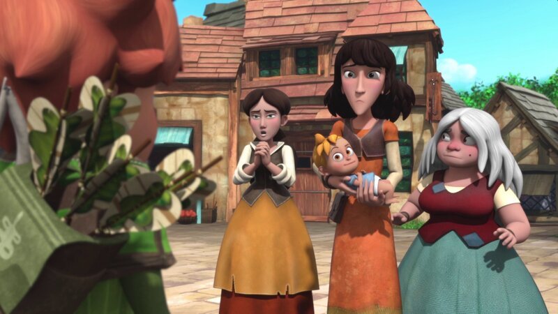 Die Dorfbewohnerinnen erzählen Robin von den seltsamen Dieben. – Bild: ZDF und © 2018 – Method Animation – DQ Entertainment Intern