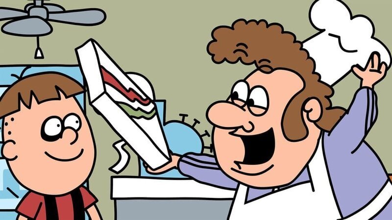 Onkel Knut erzählt Max einen Witz, um ihm seine Pizza zu geben. – Bild: NDR/​DR & Nice Ninja & Lowe Haak