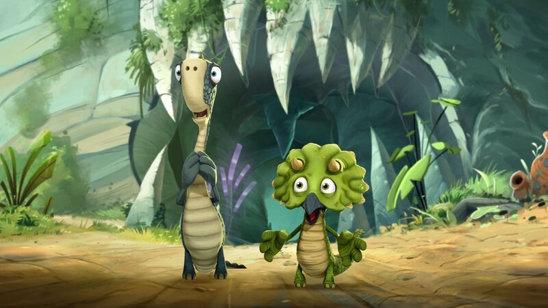 „Gigantosaurus“, „Die geheimnisvolle Höhle.“ Als plötzlich Gigantosaurus auftaucht, müssen die jungen Saurierfreunde Mazu, Tiny, Bill und Rocky in eine geheimnisvolle Höhle flüchten. Dabei hat Trey sie vor einem Betreten der Höhle gewarnt. Es besteht die Gefahr, dort auf gruseligen Kreischosaurus zu treffen! – Bild: RTL