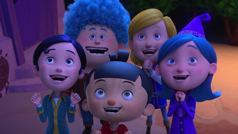 Die Freunde Sophia (l.), Luzio (2.v.l.), Pinocchio (M.), Prinz (2.v.r.) und Betulla (r.) haben im Haus der Hexe ein Feuerwerk zusammengebraut, das sie jetzt bestaunen. – Bild: Method Animation – Palomar – ZDF – ZDF Entrep/​Method Animation – Palo