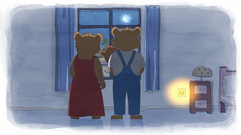 Bobo und seine Eltern betrachten den Mond durch das Fenster. – Bild: JEP ANIMATION/​WDR