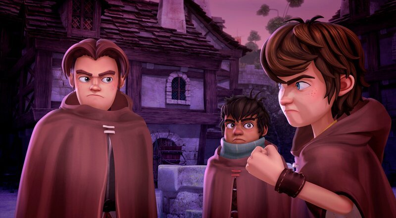 In Verkleidung stellen Arthur und seine Freunde Guineveres zukünftigem Gatten nach. – Bild: SWR/​Blue Spirit Productions/​Télé