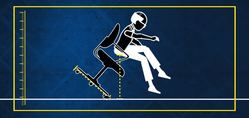 Science character falling off an office chair to illustrate how the combination of human+chair has a high center of gravity and is therefore easier for the human to fall outside the wheel base. (credit: National Geographic Channels/​IWC Media) – Bild: The National Geographic Channel