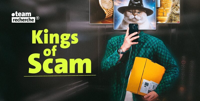 Key Visual mit Typo zu „team.recherche: Kings of Scam – Wer klickt, verliert“. Die Doku-Serie „Kings of Scam – Wer klickt, verliert“ gibt Einblicke in eine groß angelegte Betrugsmasche: Smishing. Das team.recherche macht sich auf die Suche nach den mutmaßlichen Tätern. Die Spuren führen die Investigativreporterinnen und Investigativreporter in eine interne Telegram-Gruppe und von dort nach China, Thailand und in die USA. Hintergrund: Katzen mit KI-Unterstützung erstellt. – Bild: BR/​stock.adobe.com/​Montage: BR/​Christopher Roos von Rosen/​mit KI-Unterstützung erstellt