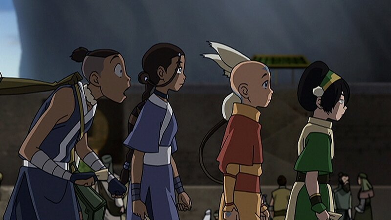 L-R: Sokka, Katara, Aang, Toph Beifong – Bild: Nicktoons
