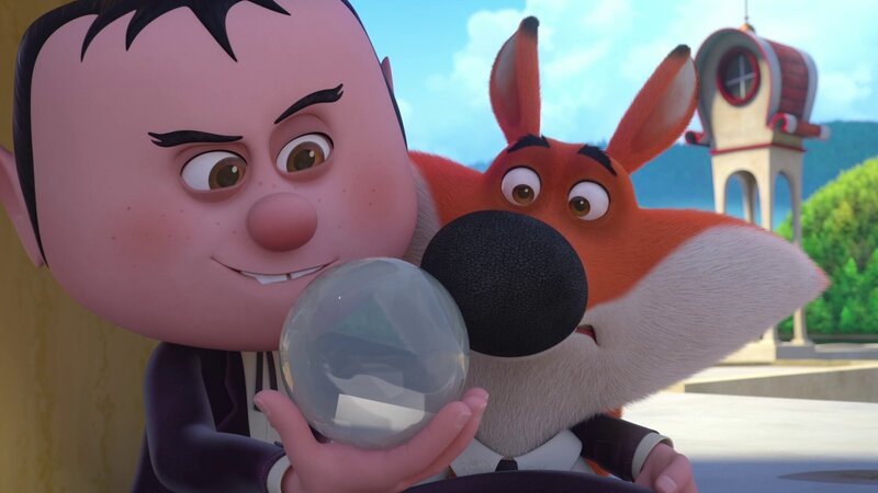 Ein seltsamer Kauz (l.) zeigt den Kindern ihre Albträume in einer Glaskugel. Volpek (r.) ist entsetzt. – Bild: ZDF Entrep/​Method Animation – Palomar – ZDF – ZDF Entrep/​Method Animation – Palo