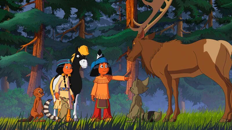 (v.l.) Lindenbaum, Regenbogen, Kleiner Donner, Yakari, Schwarze Maske und ein Wapiti – Bild: WDR/​Ellipsanime Productions/​Belvision/​Les Cartooneurs Associés/​2 Minute