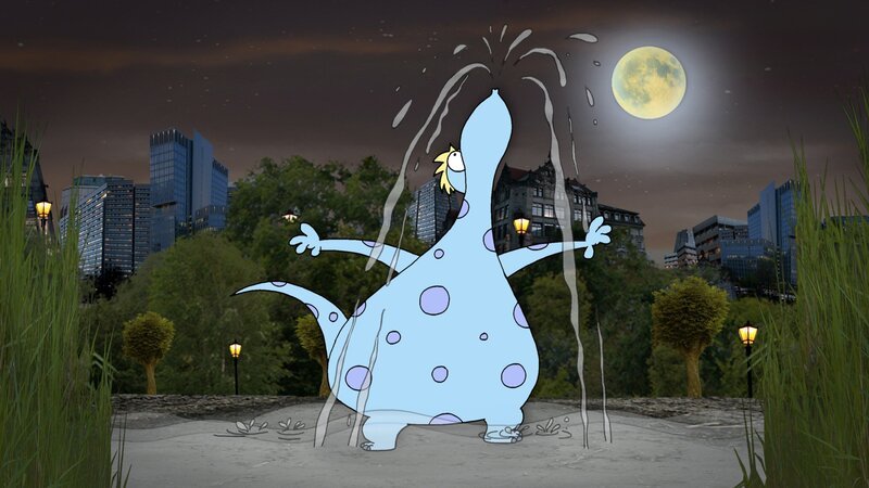 Kalli will ein Saurier sein und, schwupps, steigt Kalli-Saurier aus dem Fenster. – Bild: RBB/​MDR/​MotionWorks
