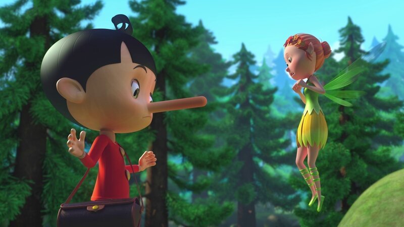 Pinocchio (li.) ist in den heiligen Wald eingedrungen und hat dort einen Ast abgebrochen. Das will er aber Selva, der Hüterin des Waldes (re.), nicht gestehen. – Bild: Method Animation – Palomar – ZDF – ZDF Entrep