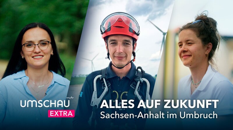 (von links) aus Albanien stammende Pflegekraft Mikela Toçka (34) aus Dessau, Windradtechniker Philipp Schmidt (33) aus Farnstädt (Saalekreis), angehende Zimmerin Johanna Wex (26) aus Halle. – Bild: MDR/​HA Kommunikation