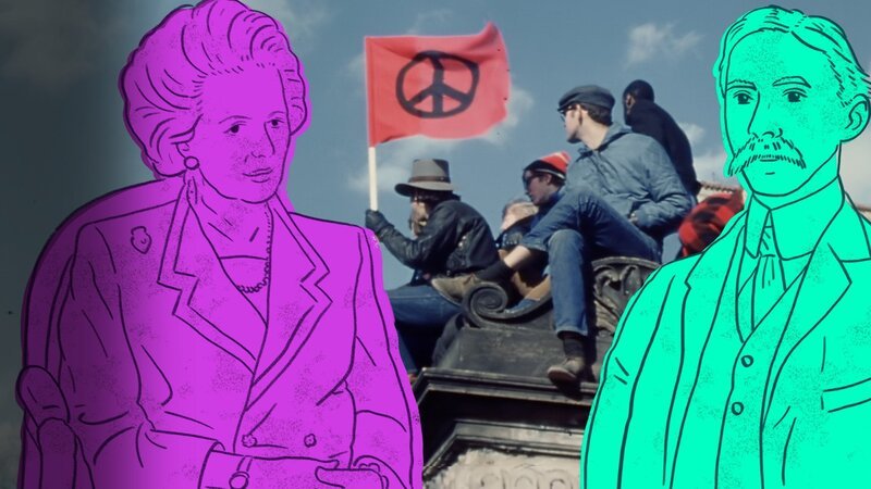 Grafik von Margaret Thatcher und Bertrand Russell vor einer Friedensdemonstration – Bild: SRF/​LOOKSfilm