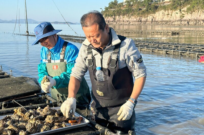 Seit 2019 züchtet der Landrat Shin Sang-Soo (re.) auf der Insel Sinan Austern. – Bild: Nicola Graef /​ Nicola Graef