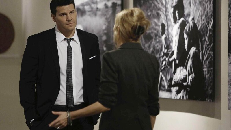 Um sich einen Einblick in die Vergangenheit des Opfers zu verschaffen, besuchen Booth (David Boreanaz) und Brennan in Kimberly Singers (Annie Fitzgerald) Galerie eine Foto-Ausstellung über Kindersoldaten in Afrika. – Bild: RTL /​ FOX