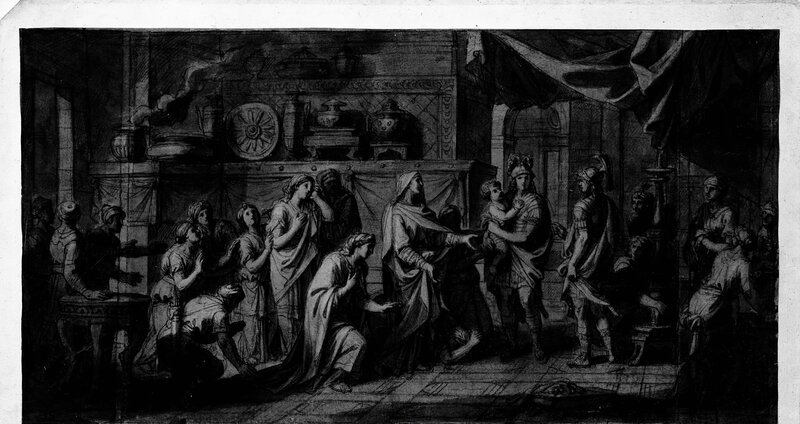 Alexander und die Familie des Darius (Alexander hält Baby Ochus, Darius’ Kind), 1690, Künstler: François Verdier – Bild: History /​ Penta Springs Limited /​ Alamy St; Penta Springs Limited /​ Alamy Stock Photo