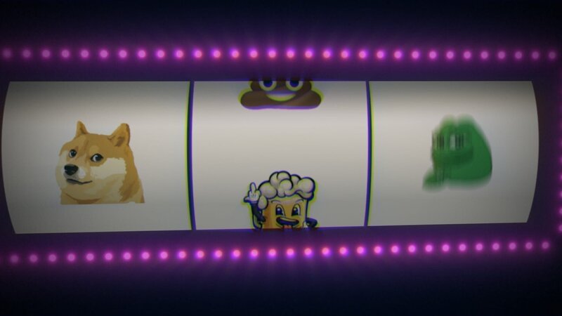 Eine Slotmachine mit unterschiedlichen Memecoin-Icons als Grafik – Bild: ZDF