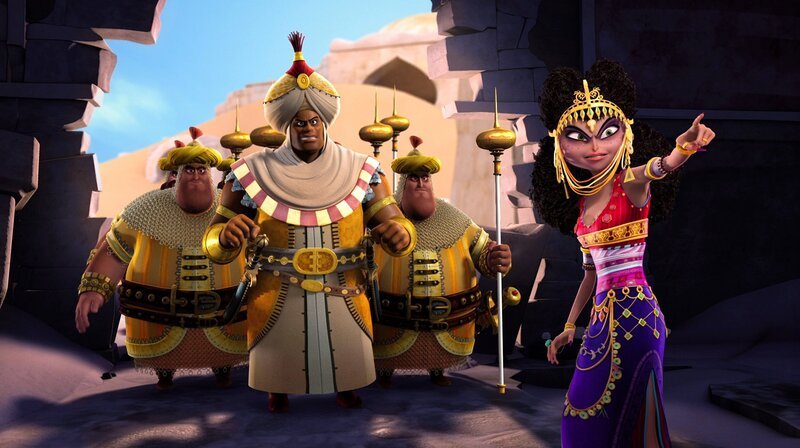 Dunyazad und die Palastwache stürmen das geheime Versteckt unserer Helden – Bild: rbb/​Hahn Film AG/​Chocolate Liberation Front Pty Ltd/​Toonz Entertainment Pte Ltd