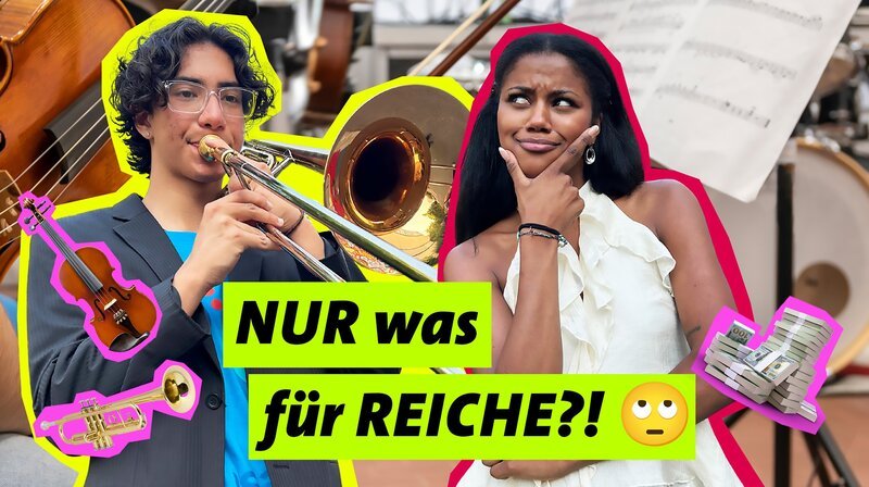 ARD/​WDR POV – DEINE GESCHICHTE ZÄHLT, „Musik machen – Nur was für Reiche?“, José (l.) spielt Posaune in einem Orchester in Dresden-Prohlis – der Unterricht ist kostenlos, damit alle im Viertel ein Instrument lernen können. Muss Musik ein Privileg sein? POV-Host Kiara (r.) begleitet José zum großen Orchester-Auftritt, auf den er monatelang hingearbeitet hat. – Bild: WDR/​WeAreEra