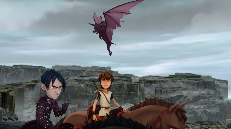 Arthur reitet mit Mordred zum Schloss Tintagel, um den gefangenen Merlin auszulösen. – Bild: SWR/​Blue Spirit Productions/​Télé
