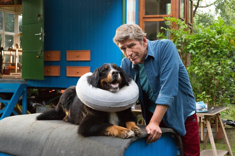 Fritz (Guido Hammesfahr) macht sich Sorgen: Sein Hund Keks ist krank. Damit er bald wieder gesund wird, muss Keks eine Halskrause tragen. – Bild: Zia Ziarno /​ ZDF und Zia Ziarno