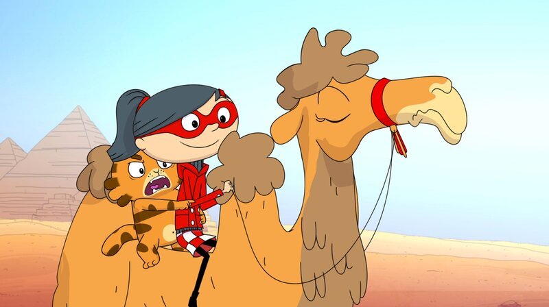 Die Verfolgungsjagd per Wüstenschiff gefällt Jean Cat nicht. – Bild: WDR/​Cyber Group Studios/​KD Productions Toons&Games – Televisió De Catalunya