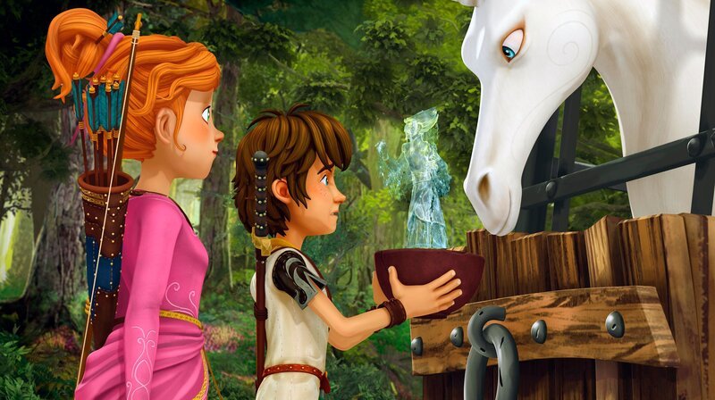 Arthur und Guinevere wollen das Einhorn aus der Gefangenschaft befreien. – Bild: SWR/​Blue Spirit Productions/​Télé