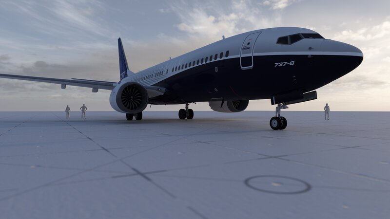 Boeing 737 Max auf dem Flugfeld. (graphische Darstellung). – Bild: Adobe After Effects /​ BBC, Blink Films