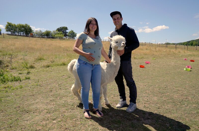 Die schwangere Lea und Benedict mit einem ihrer vielen Alpakas. – Bild: HR