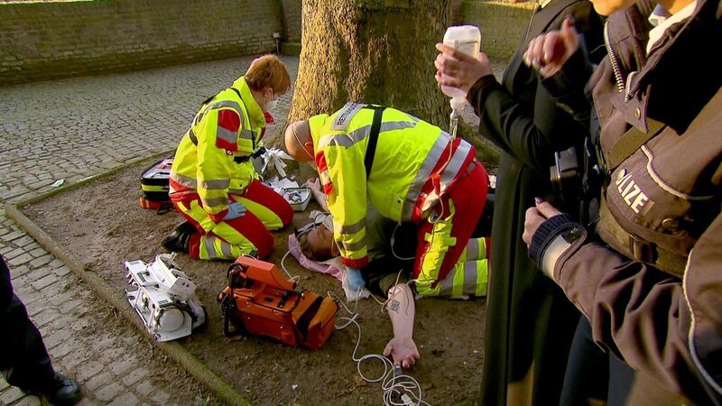 Ein Verletzter im Peniskostüm hängt an einem Kloster in einem Baum. – Bild: RTLZWEI