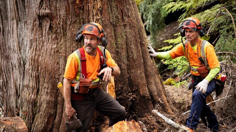 In the Pacific Northwest, Fallers Rob Winger and Jim Gardner hash out their falling plan for their latest „money“ tree. – Bild: Warner Bros. Discovery
