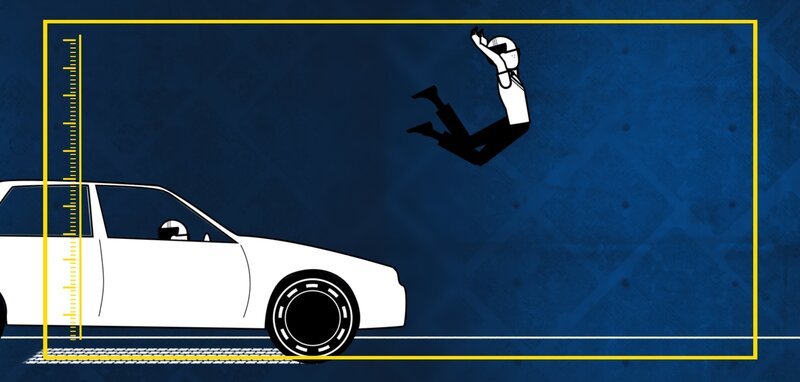 A science character car surfs when the car brakes sending him flying forward as he keeps his momentum. – Bild: The National Geographic Channel
