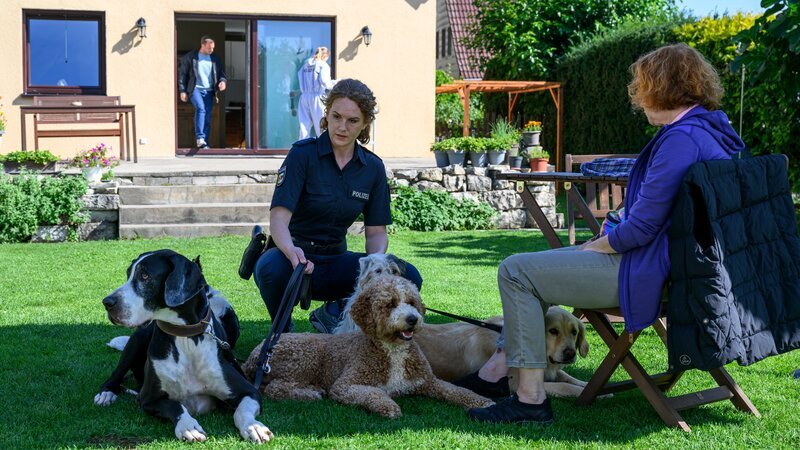 Ute Westermann (Eva Medusa Gühne, r.) hat den Rentner gefunden, als sie seinen Hund abholen wollte. Die Hundeführerin war gut mit ihm befreundet, sie erledigte seine Einkäufe und half ihm im Alltag. Doch für die SOKO Wismar um Paula Moorkamp (Stella Hinrichs, M.) und Lars Pöhlmann (Dominic Boeer, l.) ist sie trotzdem verdächtig. – Bild: ZDF /​ Meyerbroeker