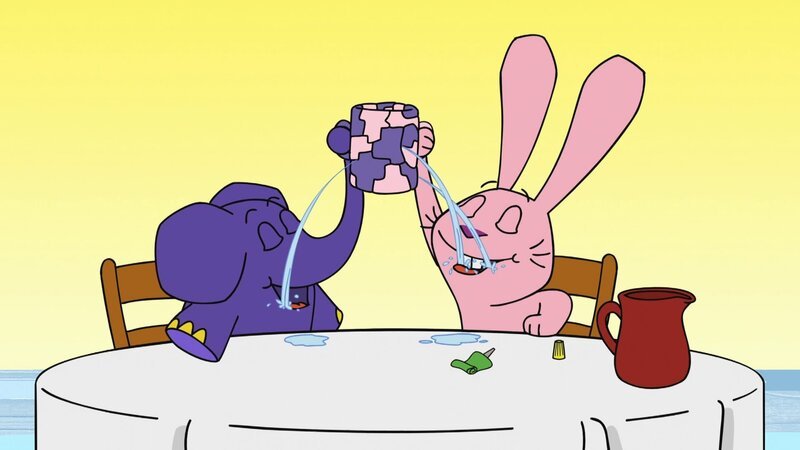 Hase und Elefant freuen sich über das Wasser, das sie trinken können! – Bild: WDR/​Die Sendung mit dem Elefanten