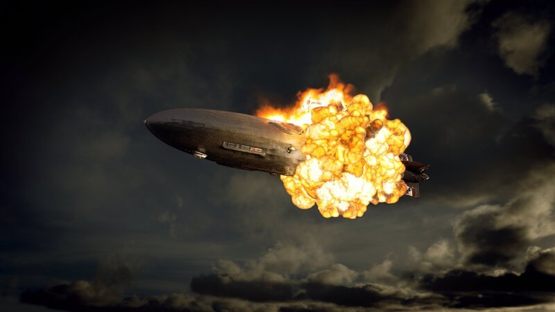 Die Wasserstofffüllung der Hindenburg entzündet sich beim Landeanflug auf Lakehurst/​US-Bundesstaat New Jersey am 6. Mai 1937. (Grafik). – Bild: BBC/​Blink Films