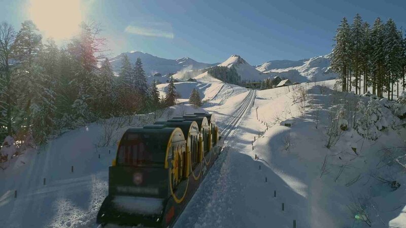 Die Stoosbahn gilt als die steilste Standseilbahn der Welt. Sie verbindet Schwyz mit dem autofreien Bergdorf Stoos – mit Kabinen, die sich der Hangneigung anpassen. – Bild: ZDF